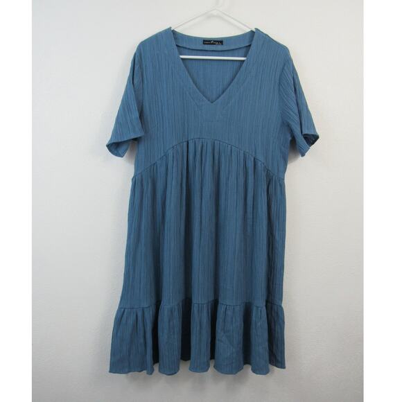 Emery Rose Large Blue Sundress Short Sleeve V Neck T Shirt Dress Pleated - Picture 2 of 7